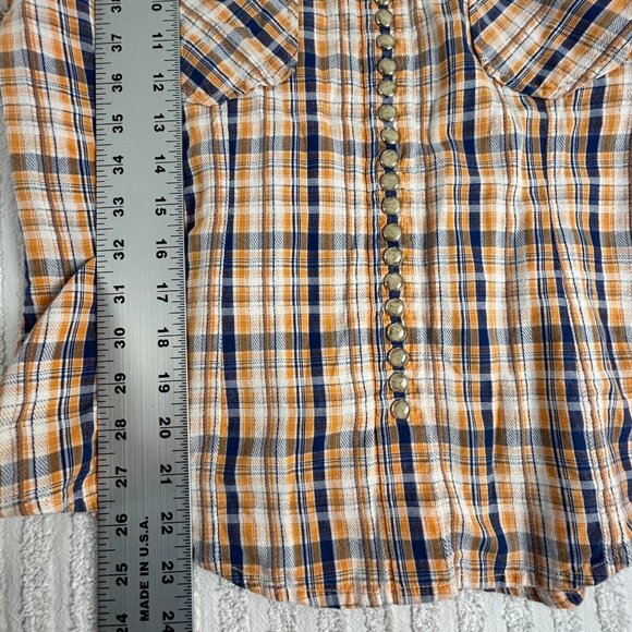 Scully Womens Top Medium Snap Button Up Shirt Plaid Yellow Blue Long Sleeve - Picture 7 of 7